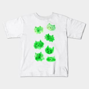 Green Kitty Faces Watercolor Kids T-Shirt